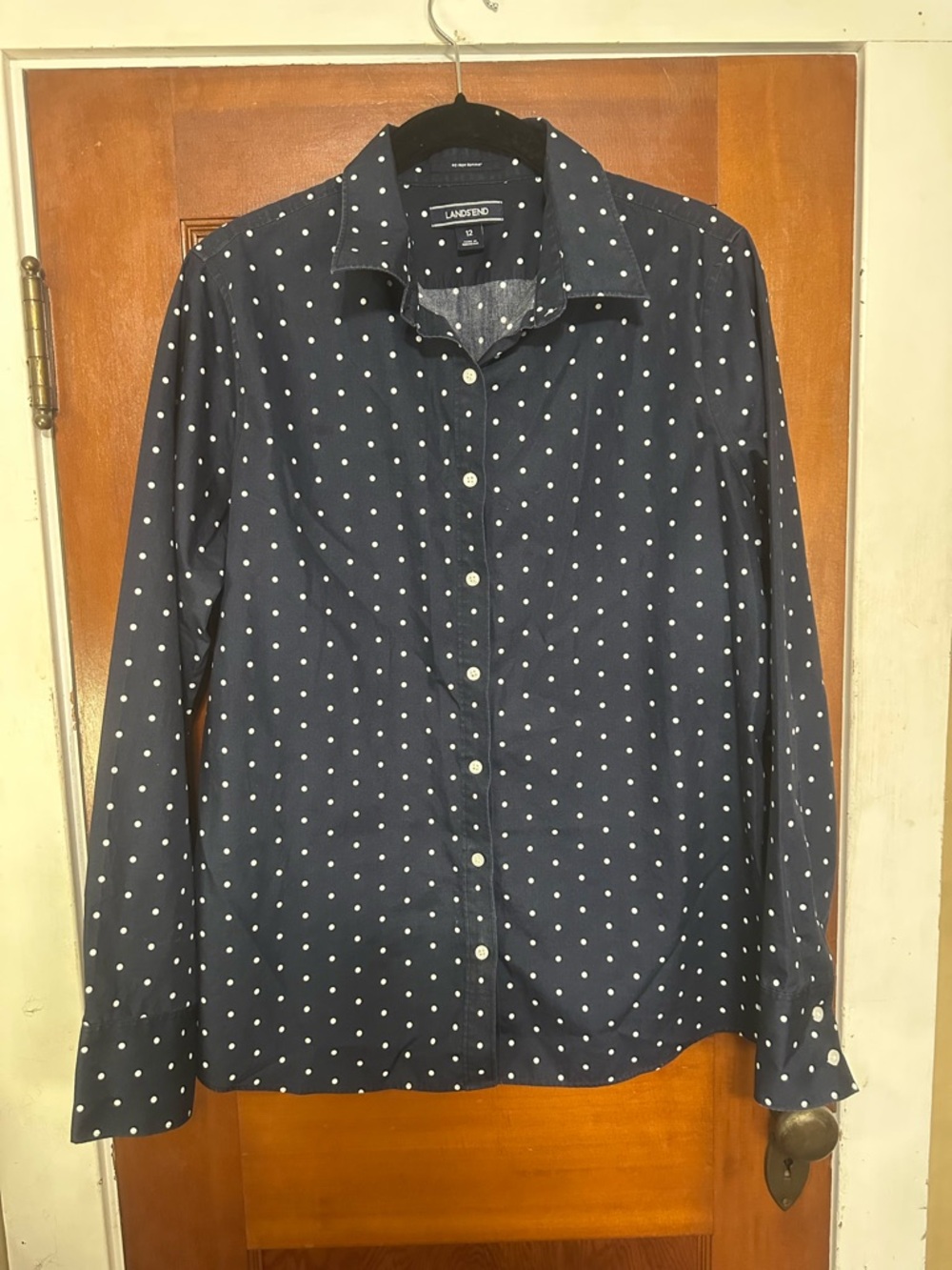 Lands' End Navy Blue Polka Dot Button-Down Shirt